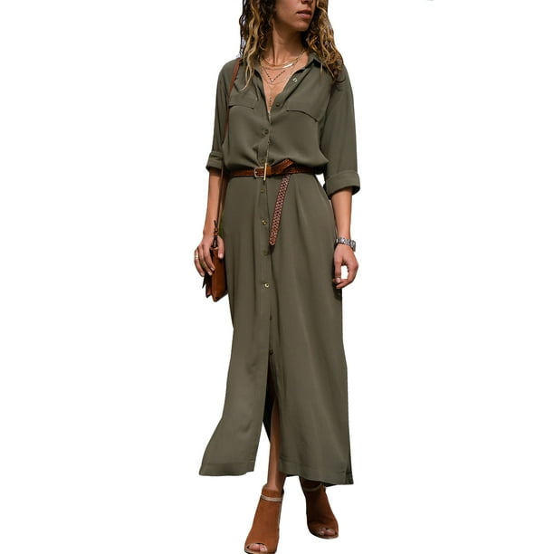 Women Elegent OL Office Workwear Collared Button Up Loose Long Maxi Shirt Dress